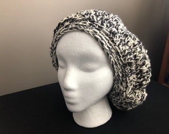 Slouchy Hat Crocheted Black and White Cotton Hat Boho Baggy Beanie All Season Slouchy Hat, Handmade Gift for Her, Mothers Day Gift