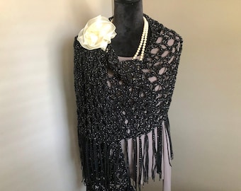 Black Crocheted Shawl with Silver Metallic Thread: Boho Fringe Wrap