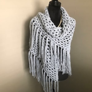 Grey Crochet Shawl: Silver Metallic Thread, Boho Fringe Scarf