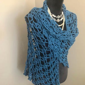 Lacy Blue Crocheted Shawl: Bamboo Rayon Elegant Wrap
