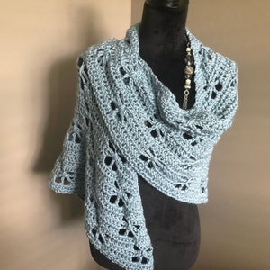 Crochet Shawl Greyish Blue Crocheted Butterfly Shawl Blue Triangle Scarf All Season Crochet Shawl Handmade Formal Event Shawl Gift for Her