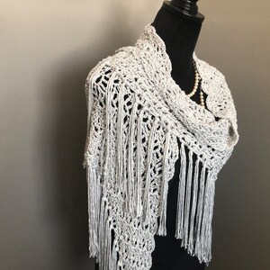 Silver Gray Crocheted Shawl with Fringe: Handmade Acrylic Boho Wrap