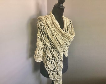 Crochet Virus Shawl: Handmade Pima Cotton Wrap, Light Gold