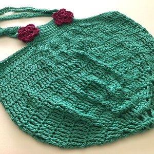 Market Bag with Flowers Crocheted Jade Green Boho Tote Bag Reusable Shopping Bag Green Beach Bag Eco Friendly Grocery Bag, Gift for Her