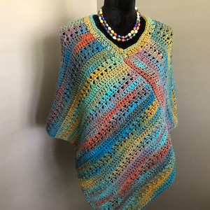 Ladies Poncho Colorful Boho Poncho Crocheted All Season Poncho Crocheted Rainbow Pullover Turquoise and Gold Poncho Handmade Gift for Her