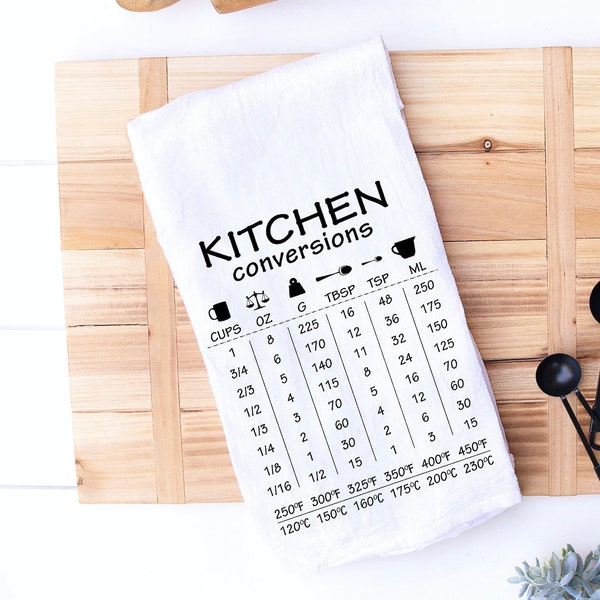 Kitchen Conversion Cheat Sheet Kitchen Towel | Easy Kitchen Conversion Resource | Cooking and Baking Aid |Housewarming Hostess Gift