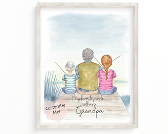 Fishing Gift for Grandpa Custom Portrait Grandfather and 2 Grandkids | Christmas Gift from Grandchildren | Birthday | Father's Day UNFRAMED