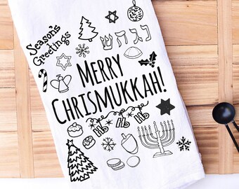 Merry Chrismukkah Holiday Kitchen Towel - Christmas and Hanukkah Holiday Gift - Gift for Hostess - Flour Sack Towel - Housewarming - Holiday