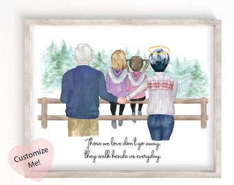 Remembrance Memorial Gift for Grandparents | Custom Portrait Grandma Grandpa Grandkids | Angel Wings Halo Art from Grandchildren | UNFRAMED