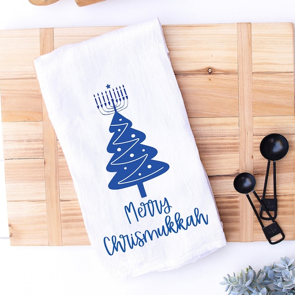 Merry Chrismukkah Kitchen Towel, Hostess Gift for Christmas and Hanukkah Celebration, Jewish and Christian Blended Holiday Hand Dish Cloth