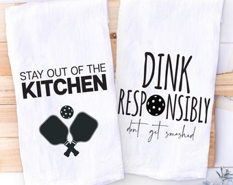 funny kitchen towel set for pickleball lover - dink responsibly - pickleball player puns - pickleball gift - flour sack towel - retirement