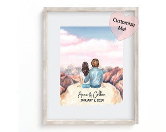 Regalo de aniversario / Regalo de boda de compromiso de parejas / Él y ella / Montaña de acuarela / Nombres personalizados Fecha / Citas / Senderismo de montaña