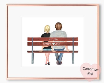 Anniversary Gift | Couples Engagement Wedding Gift | His and Hers | Couple on a Bench | Personalized Names and Anniversary Date | Dating