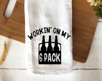 Funny Hostess Bar Towel | Workin on my 6 Pack | Funny Beer Workout Towel | Housewarming | Drink | Funny Kitchen Alcohol Gift | Funny Pun