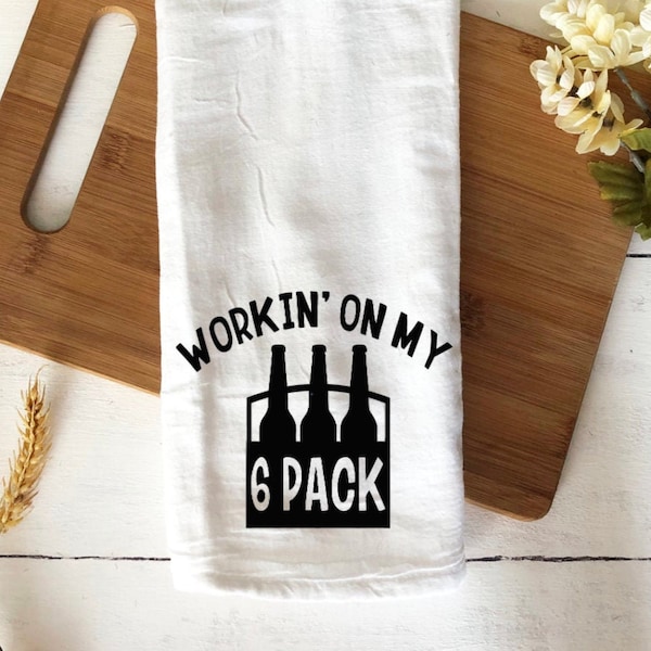 Funny Hostess Bar Towel | Workin on my 6 Pack | Funny Beer Workout Towel | Housewarming | Drink | Funny Kitchen Alcohol Gift | Funny Pun