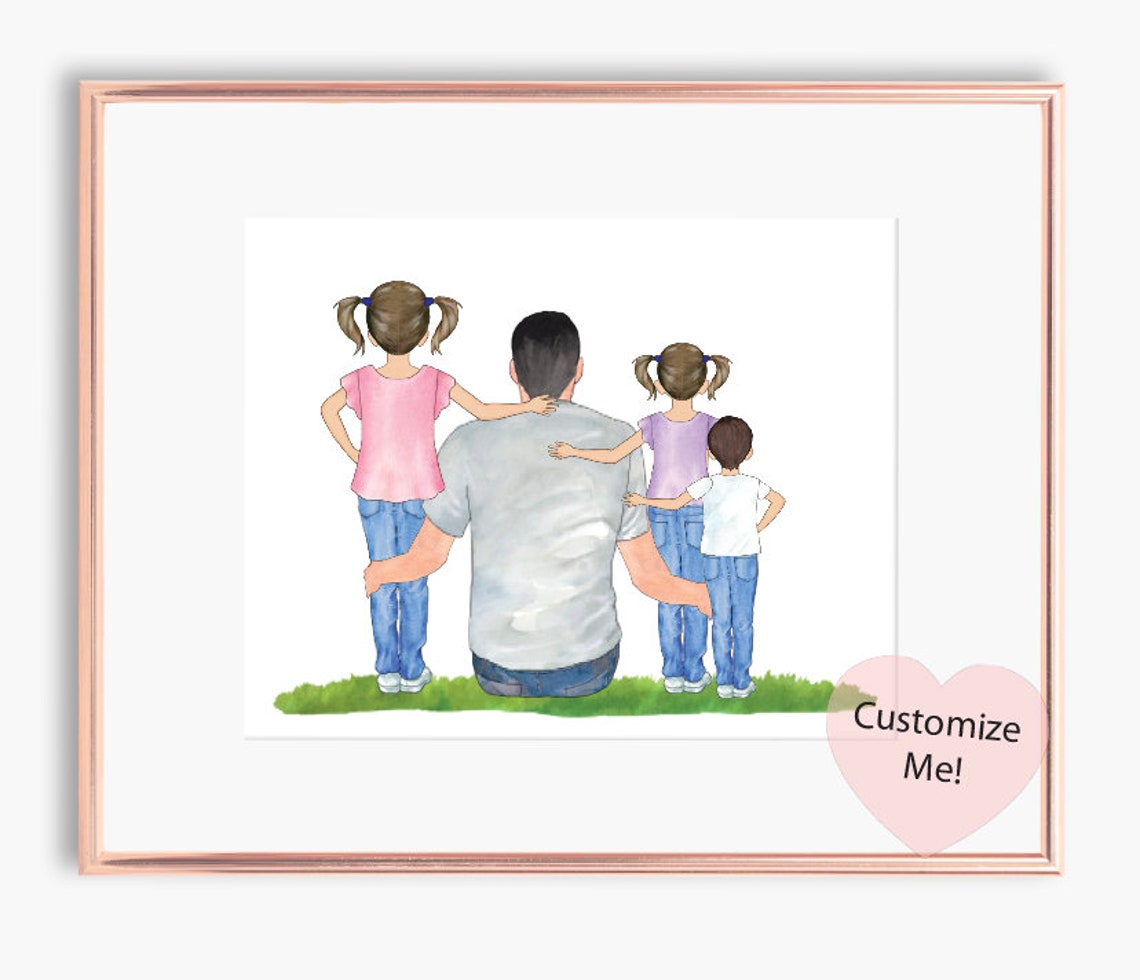Personalized Dad Gift Wall Art | Dad and 3 Kids Custom Portrait Gift ...