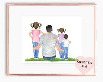 Personalized Dad Gift Wall Art | Dad and 3 Kids Custom portrait Gift | Father and Children | Dad Keepsake Gift Fathers Day Wall Art UNFRAMED