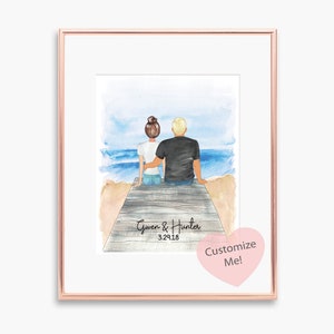 Anniversary Gift | Couples Engagement Wedding Gift | His and Hers | Watercolor Beach | Personalized Names and Date | Dating | Beach Wedding