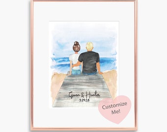 Anniversary Gift | Couples Engagement Wedding Gift | His and Hers | Watercolor Beach | Personalized Names and Date | Dating | Beach Wedding