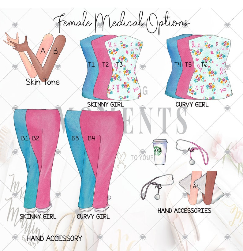 May include: A digital illustration of a female medical professional with various customization options. The image shows different skin tones, tops, pants, and hand accessories. The text "Female Medical Options" is at the top of the image.