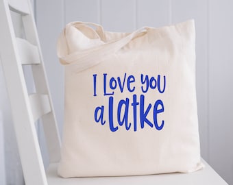 I Love You A Latke | Funny Tote Bag | Reusable Canvas Market Bag | Wedding Engagement Gift | Potato Pancakes | Jewish Hanukkah Gift