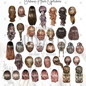 May include: A chart of 37 different brown hair styles for digital illustrations. Each style is labeled with a code, such as BR1, BR2, BR3, etc.