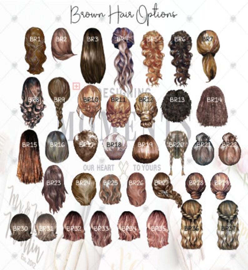 May include: A chart of 37 different brown hair styles for digital illustrations. Each style is labeled with a code, such as BR1, BR2, BR3, etc.