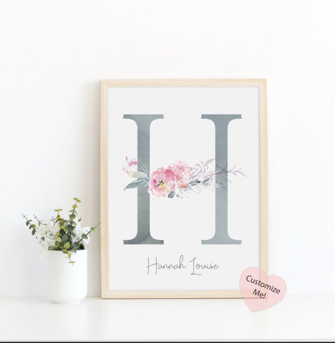 Girls Wall Print Pink and Purple Floral Initial Wall Art Newborn