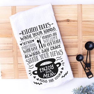 Kitchen Rules Kitchen Towel - Hostess Gift - Housewarming Gift- Screen Print Flour Sack Towel
