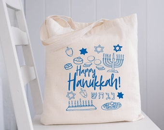 Happy Hanukkah Tote Bag | Canvas Market Bag for Hanukkah Celebration | Reusable Canvas Bag | Menorah, Donuts, Latkes, Dreidel, Gelt