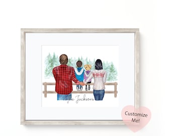 arte de parede familiar personalizada | Impressão personalizada do retrato da família | Lembrança de família de presente de Natal de inverno | Mãe Pai 2 Filhos | Dia das Mães SEM QUADRO