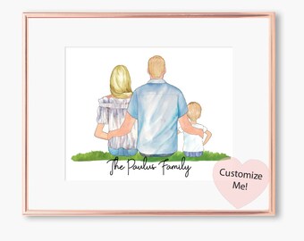 arte de parede familiar personalizada | Impressão personalizada do retrato da família | Presente personalizado | Lembrança de família | Mãe, pai e 1 filho arte | Dia das Mães SEM QUADRO