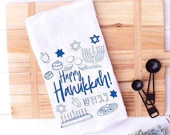 Hanukkah Kitchen Towel | Jewish Holiday Hostess Gift | Chanukah Gift | Housewarming | Menorah | Dreidel | Gelt | Torah | Challah | 8 Nights
