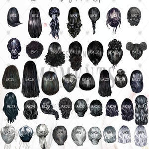 May include: A chart of 31 different black and gray hair styles for digital art or design. The hair styles are labeled with the letters BK and GR followed by a number.