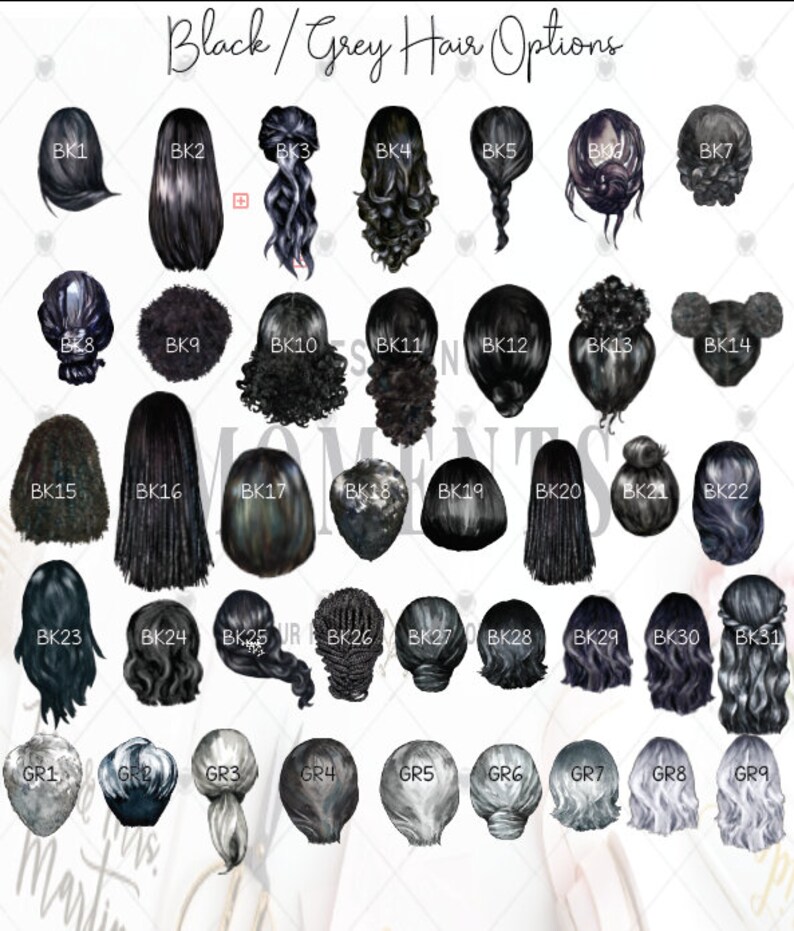 May include: A chart of 31 different black and gray hair styles for digital art or design. The hair styles are labeled with the letters BK and GR followed by a number.