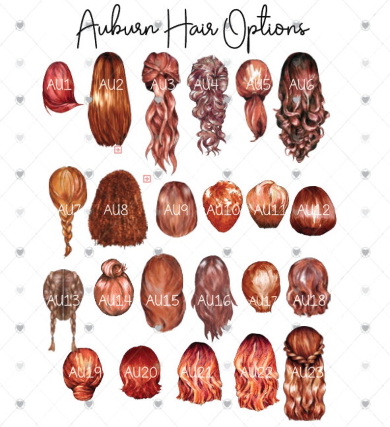 May include: A chart of 23 different auburn hair styles, labeled with numbers AU1 through AU23.
