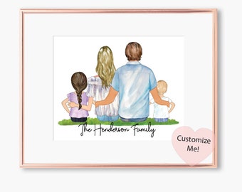 Arte de parede personalizada para família | Impressão personalizada de retrato de família | Presente personalizado | Lembrança de família | Arte para mãe, pai e 2 filhos | Dia das Mães SEM MOLDURA