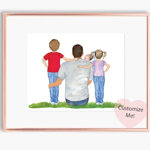 Personalized Dad Gift Wall Art | Dad and 3 Kids Custom Portrait Gift ...