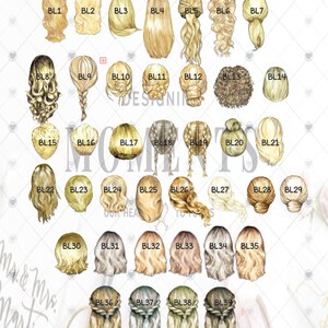 May include: A chart of 39 blonde hair options for a digital illustration. Each option is labeled with a number and the letters "BL".