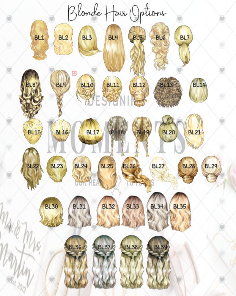 May include: A chart of 39 blonde hair options for a digital illustration. Each option is labeled with a number and the letters "BL".