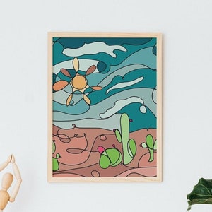 May include: A framed illustration of a desert landscape with a stylized sun, cacti, and wavy lines in shades of blue, brown, and green.