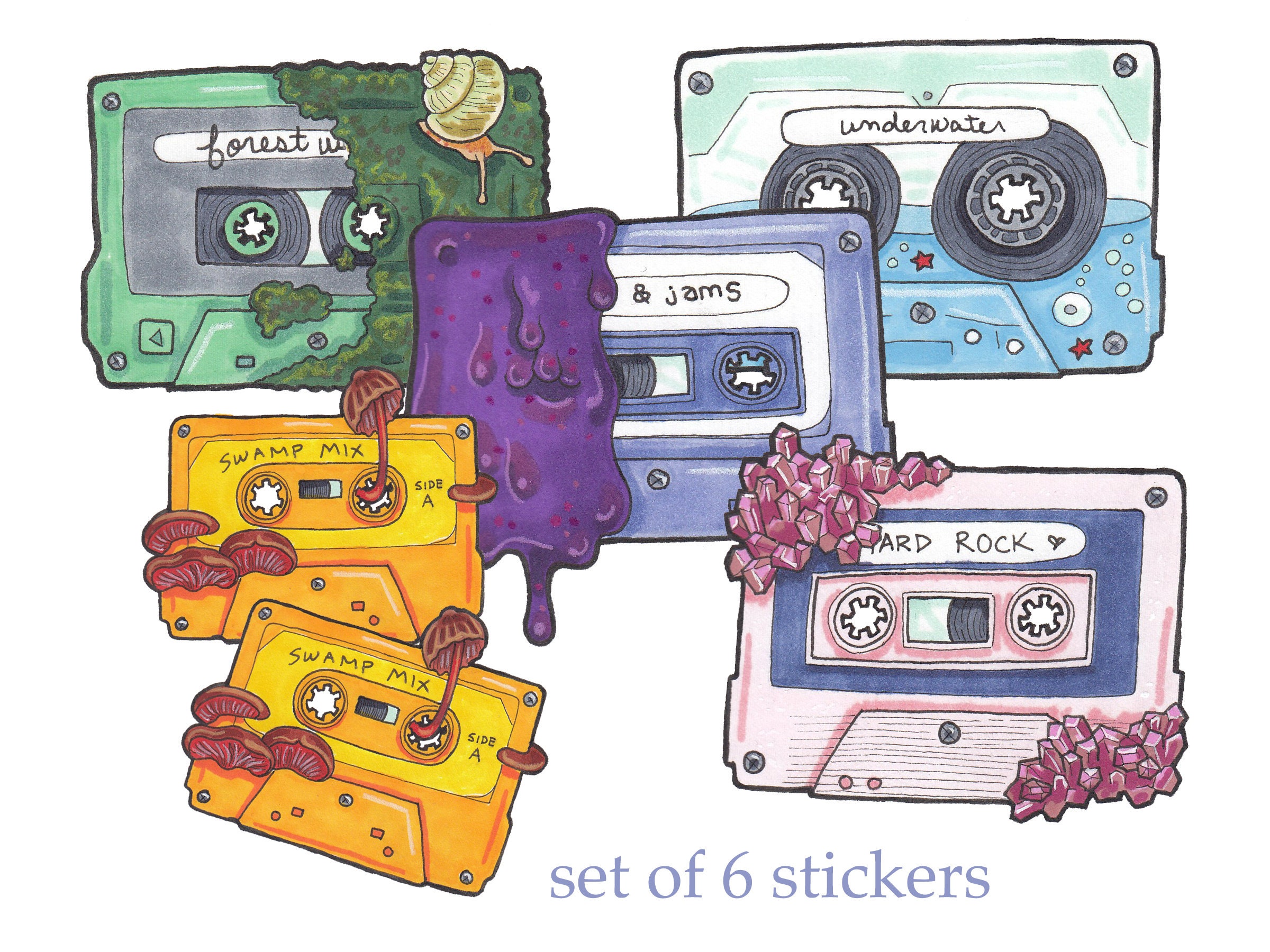 Colorful Cassette Sticker Pack set of 6 Etsy