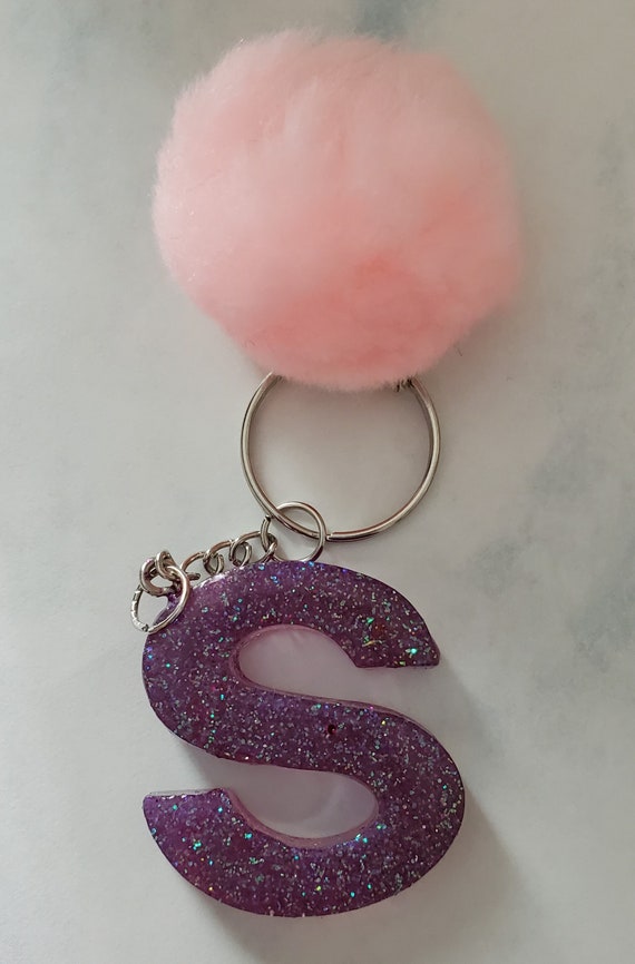 Pink and Purple Transparent Glitter Resin Letter Keychains