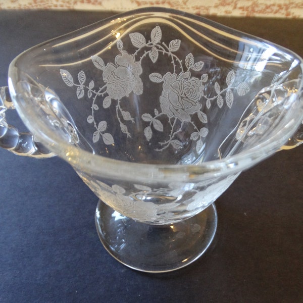 Fostoria Glass Company Clear Coronet Etched Willowmere Footed Handled Sugar Bowl 3 1/2" tall x 5" wide circa 1940-1950's