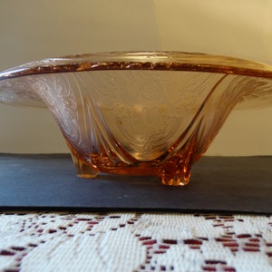 Royal Lace Pink Rolled Edge 3 Legged 10 3/4&quot; Bowl by Hazel Atlas Glass Company circa 1934-41