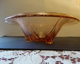 Royal Lace Pink Rolled Edge 3 Legged 10 3/4" Bowl by Hazel Atlas Glass Company circa 1934-41