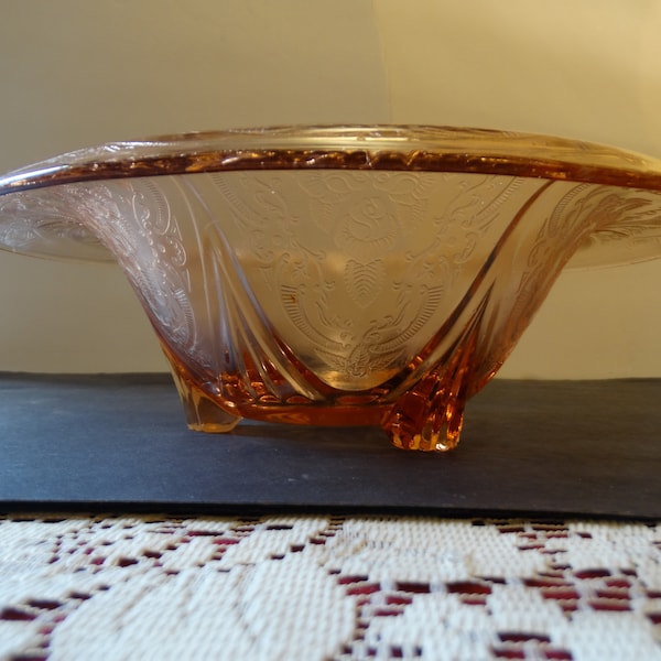 Royal Lace Pink Rolled Edge 3 Legged 10 3/4" Bowl by Hazel Atlas Glass Company circa 1934-41