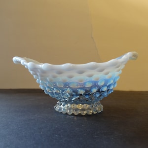 Hobnail Light Blue Opalescent 2 Handled 6&quot; Dish by Duncan Miller Glass Company circa 1930-1950