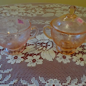 Vintage Hazel Atlas Pink Old &quot;Florentine Poppy No. 1&quot; Creamer/Sugar and lid footed circa 1930&#39;s