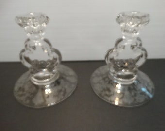 Vintage Cambridge Glass Etched Rosepoint Pair Keyhole Footed Candlesticks circa 1936-1953